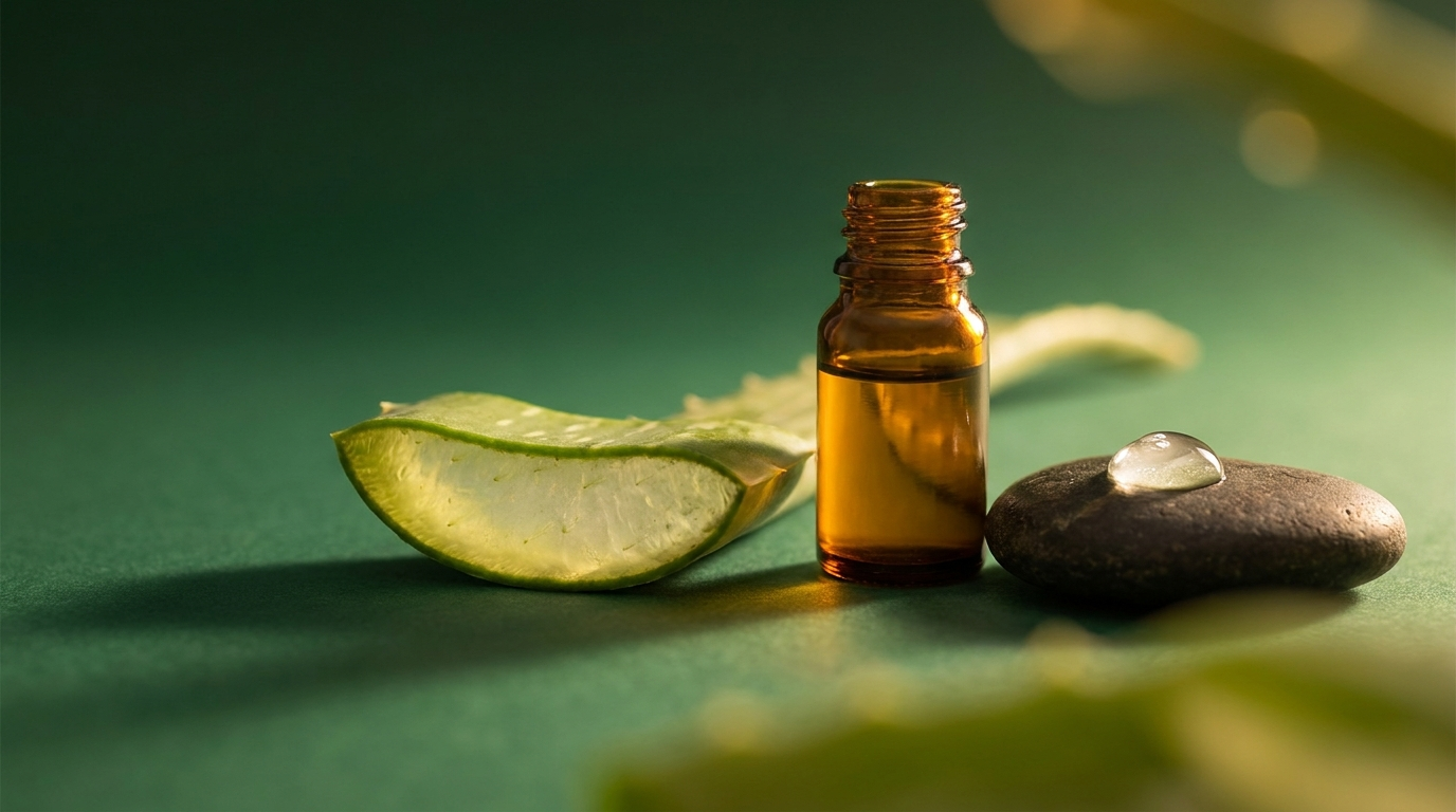 Feuille d'aloe vera coupée et flacon d'huile de figue de Barbarie sur pierre sombre