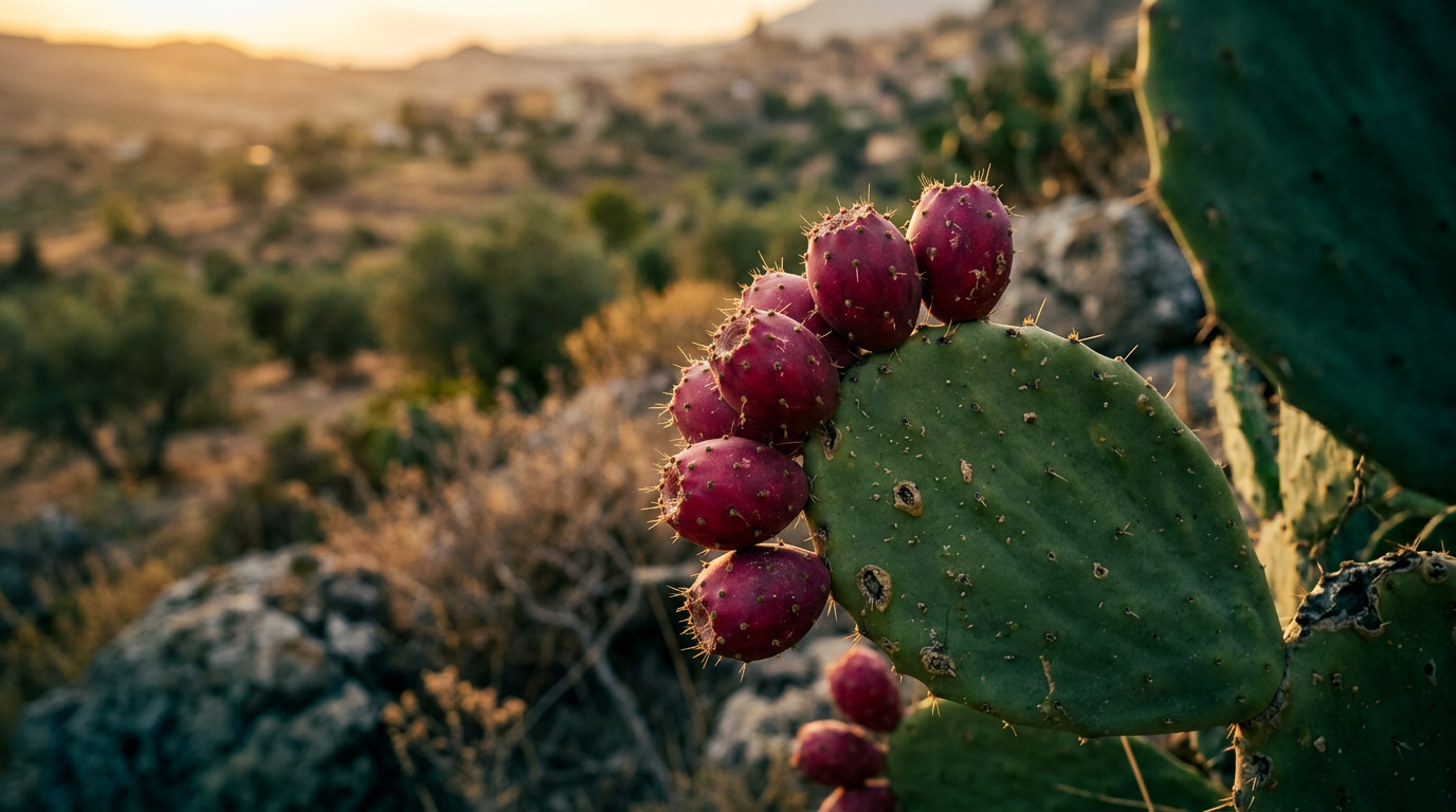 Figues de barbarie mures sur une raquette de cactus, lumiere chaude