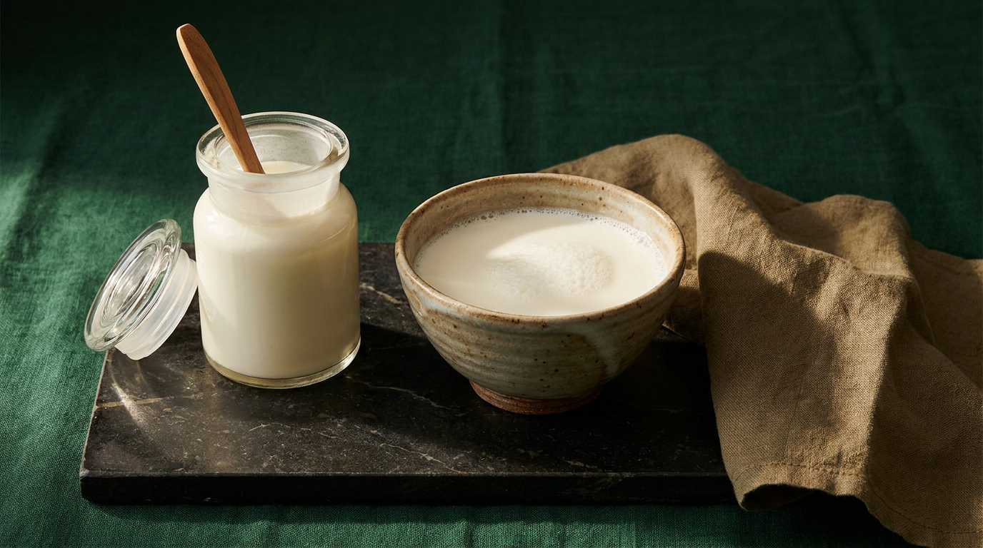 Bol de lait cremeux et pot de creme ouvert sur une pierre sombre
