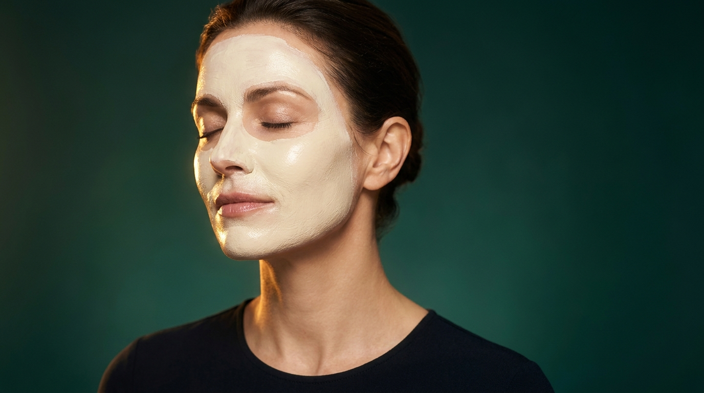 Femme portant un masque cosmetique creme, peau confortable et lumineuse