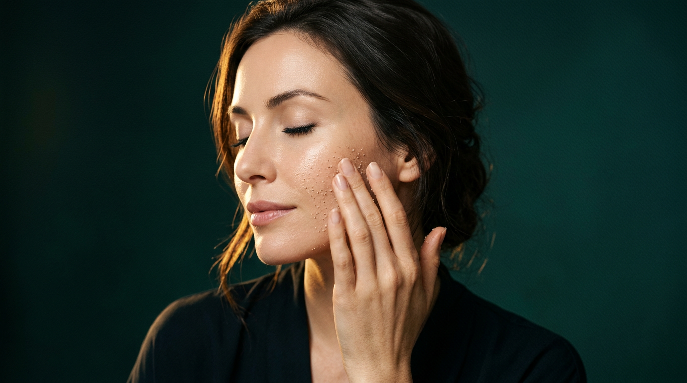 Femme massant un gommage naturel a grain fin sur la joue, peau lisse et lumineuse sans rougeur