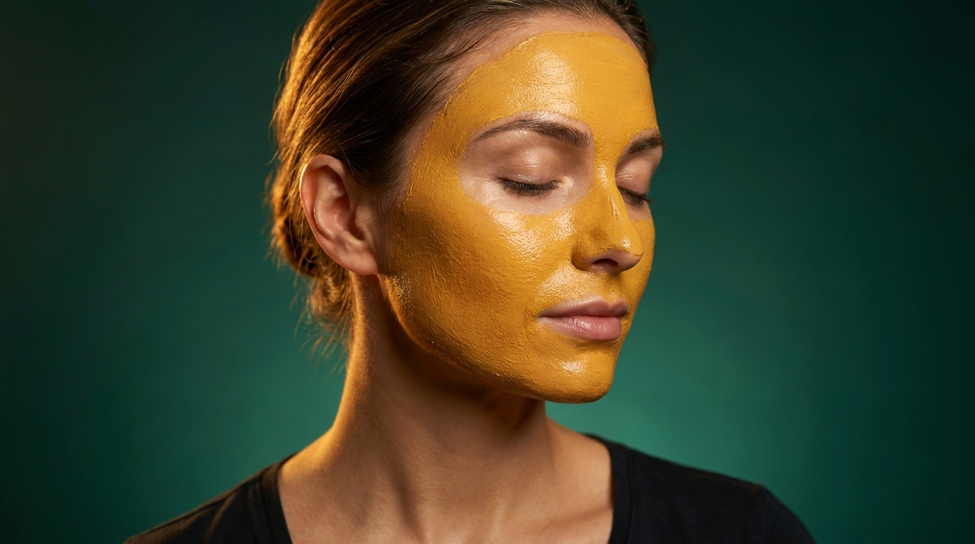 Femme portant un masque dore au curcuma sur les joues et le front, peau lumineuse