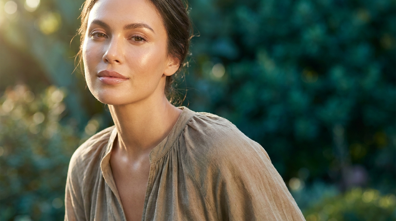 Femme a la peau protegee et lumineuse en lumiere naturelle