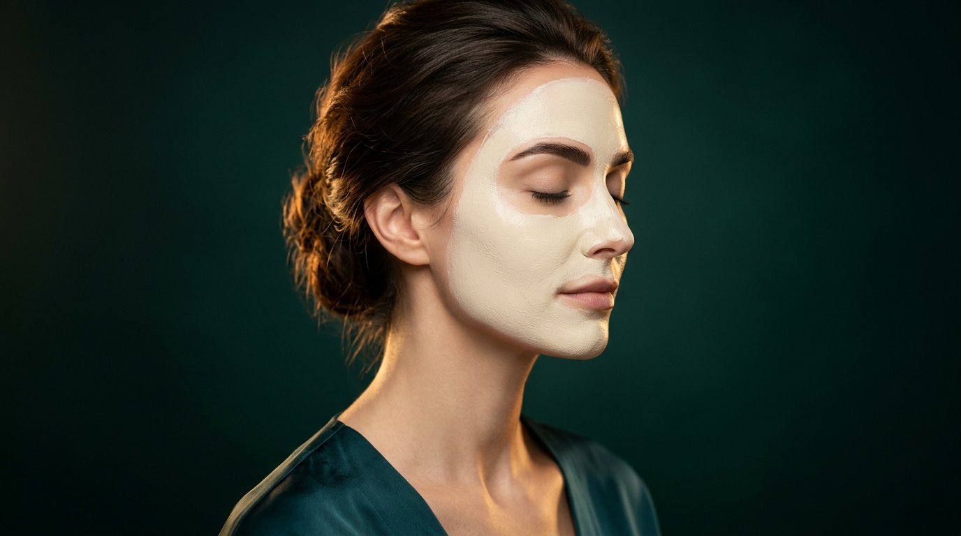 Femme au visage recouvert d'un masque cosmetique creme, peau lumineuse et confortable, illustrant la pose d'un masque visage maison