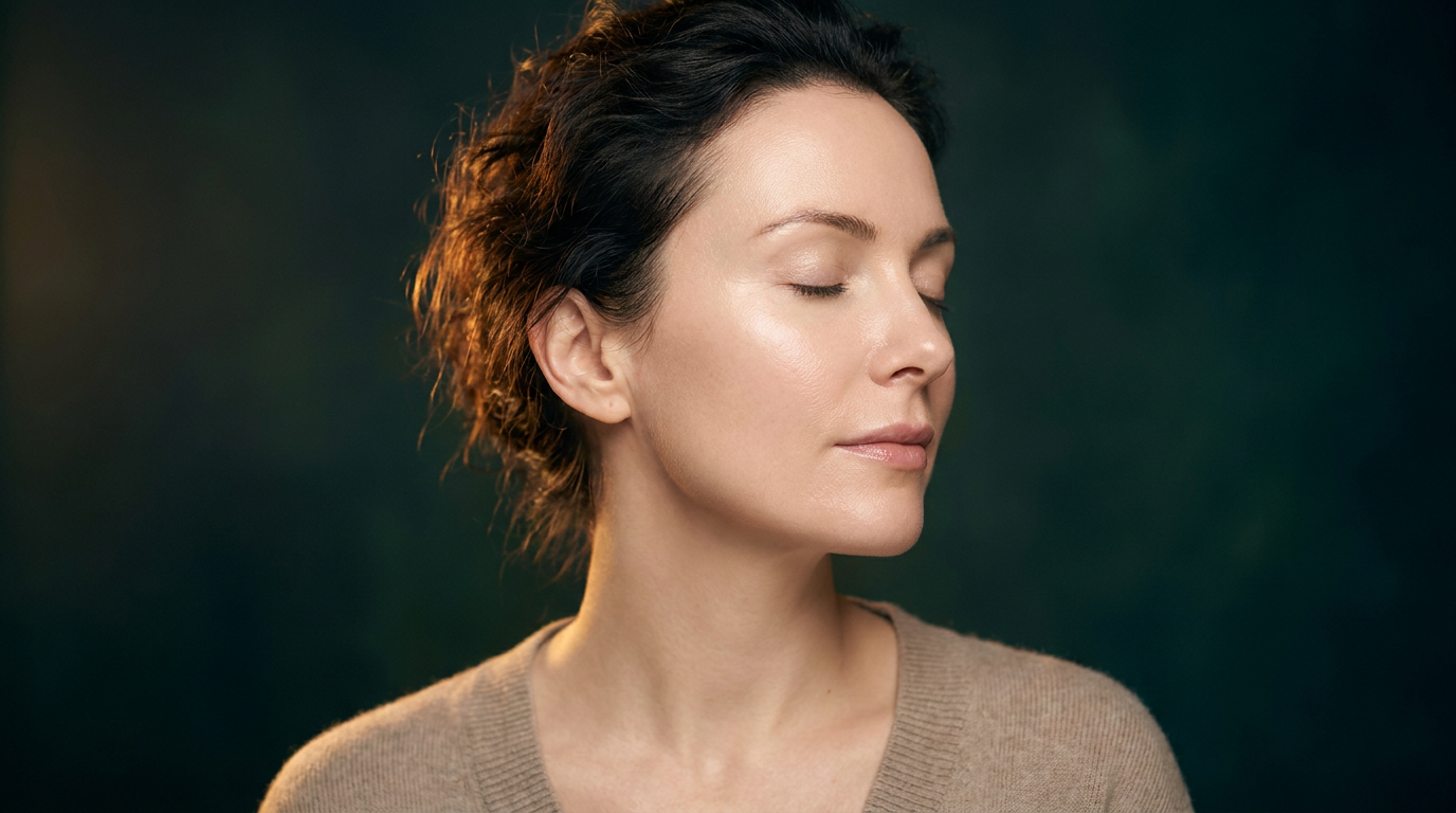 Femme au visage fraichement nettoye, peau souple et confortable sans rougeur ni tiraillement, illustrant l'effet d'un nettoyant visage doux