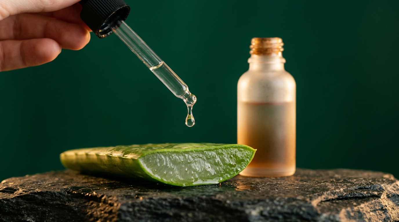 Pipette déposant une goutte de sérum sur une tranche de feuille d'aloe vera