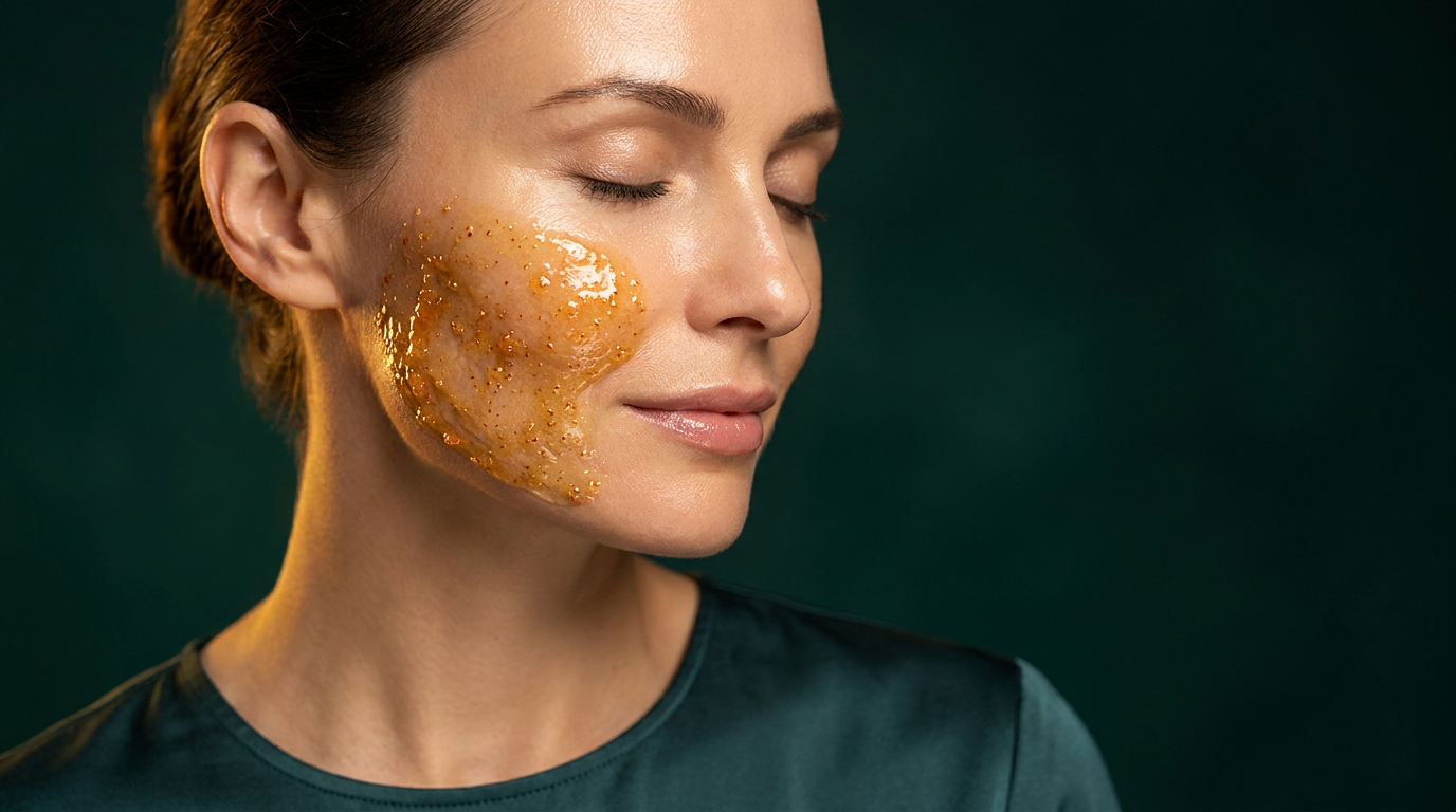 Femme portant un gommage au miel ambre a grains fins sur la joue, peau lumineuse