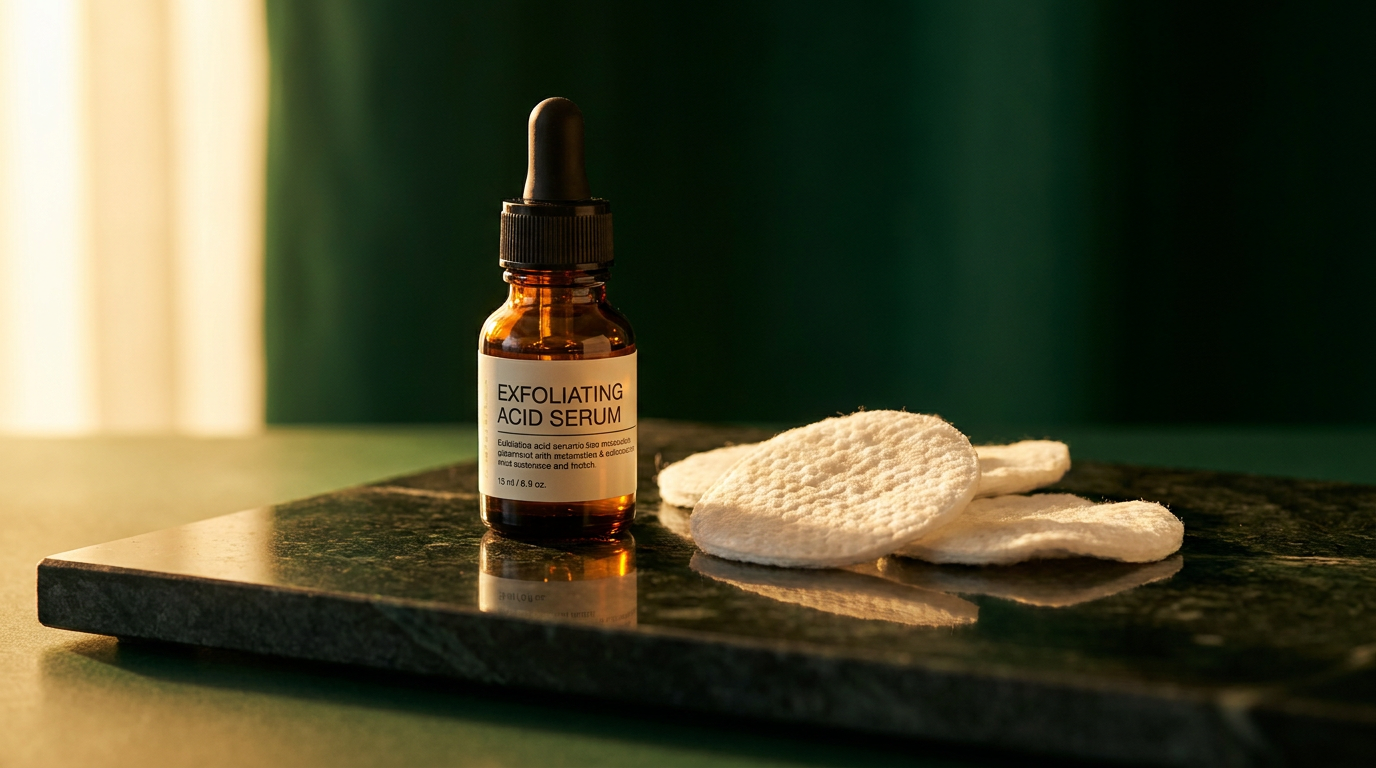 Flacon compte-gouttes de serum exfoliant et cotons sur une pierre sombre