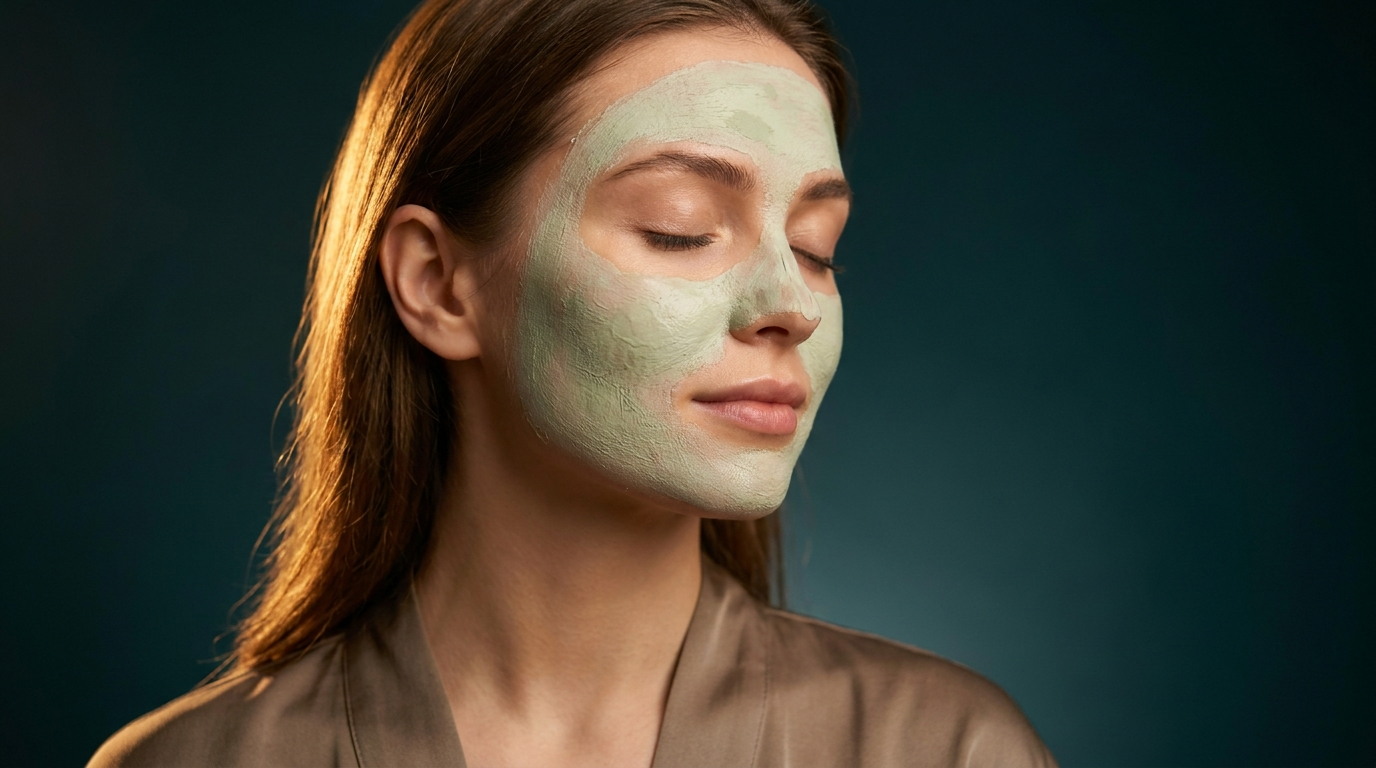Jeune femme portant un masque a l argile verte, peau nette sans imperfection