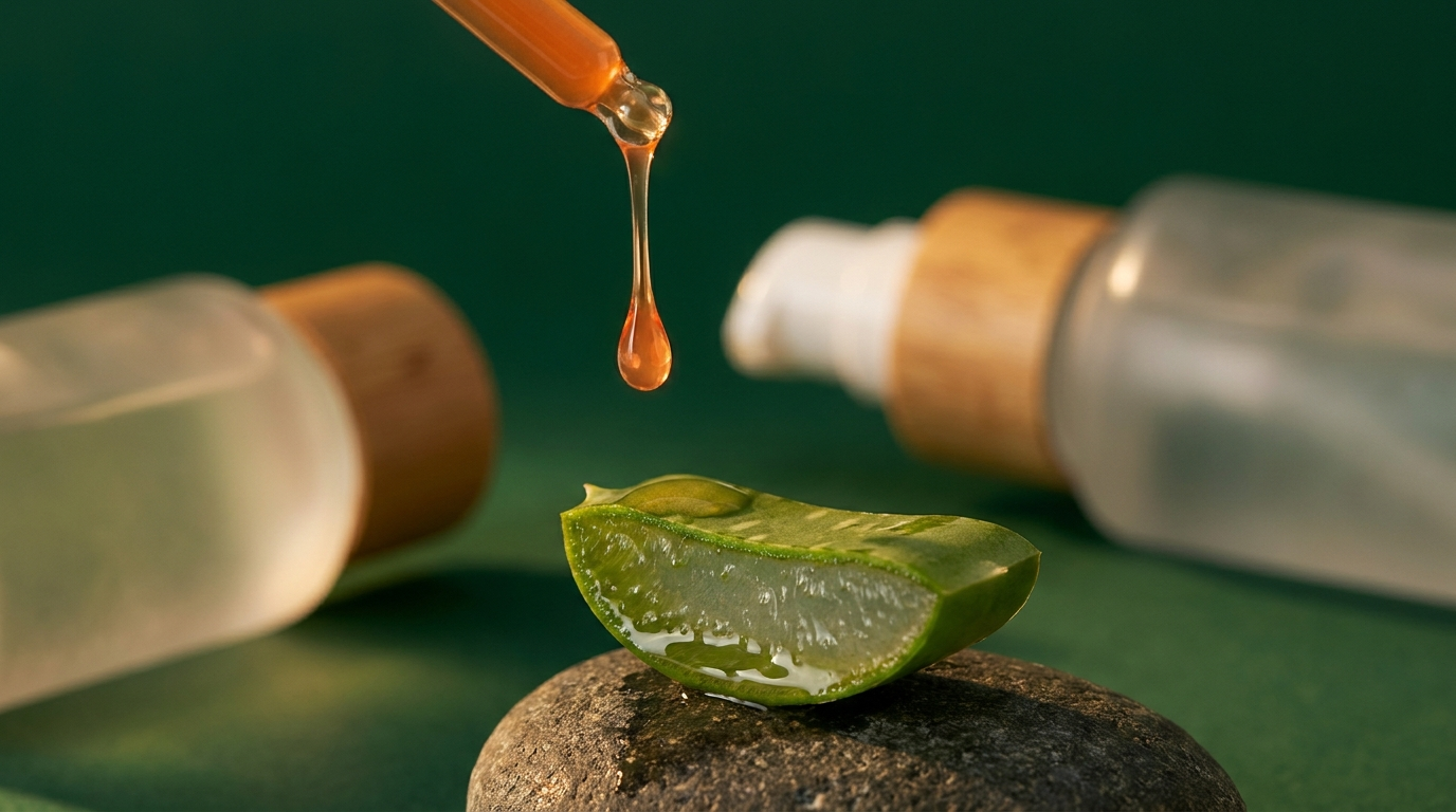 Goutte de sérum ambré tombant sur une tranche de feuille d'aloe vera
