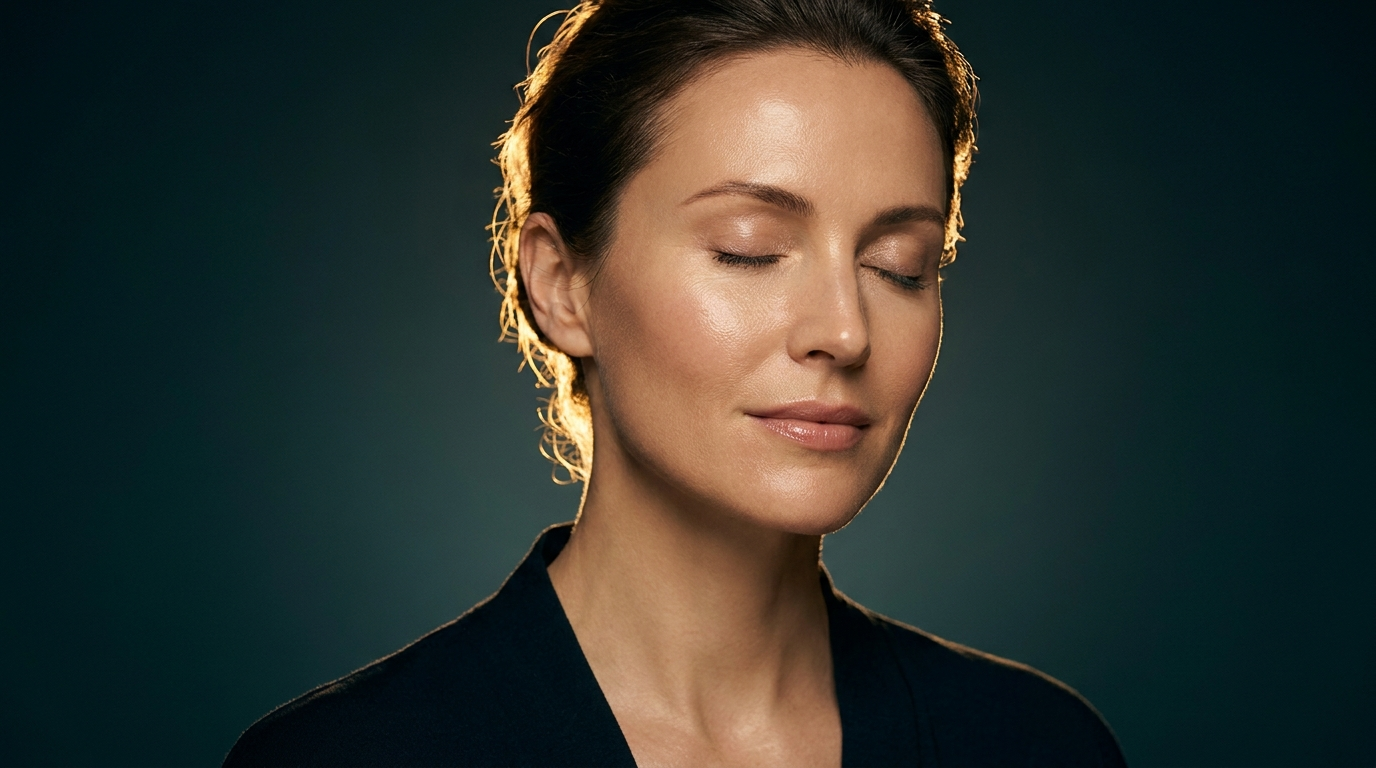 Femme a la peau nourrie et lisse apres un soin, expression sereine