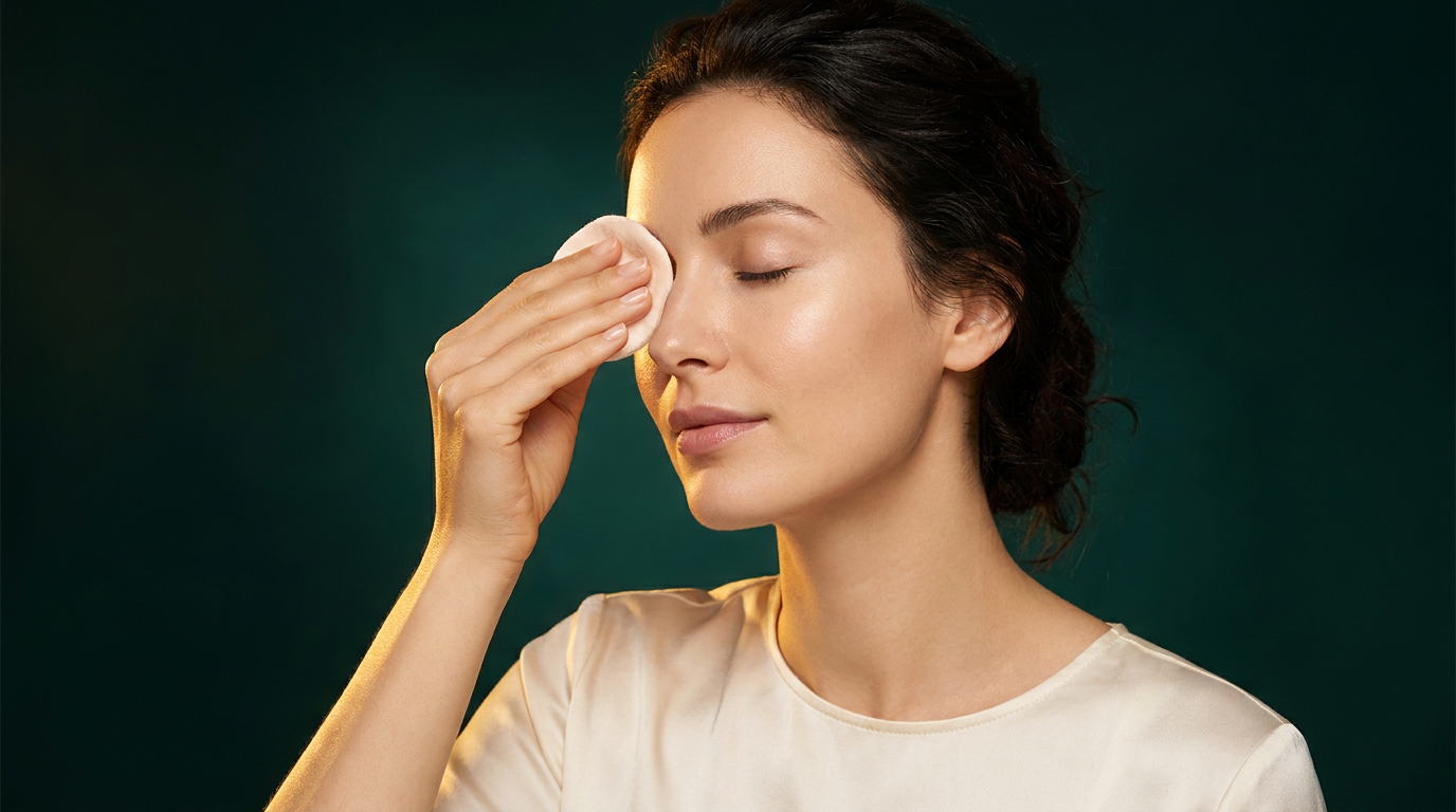 Femme retirant son maquillage des yeux avec un coton pose sans frottement sur la paupiere close