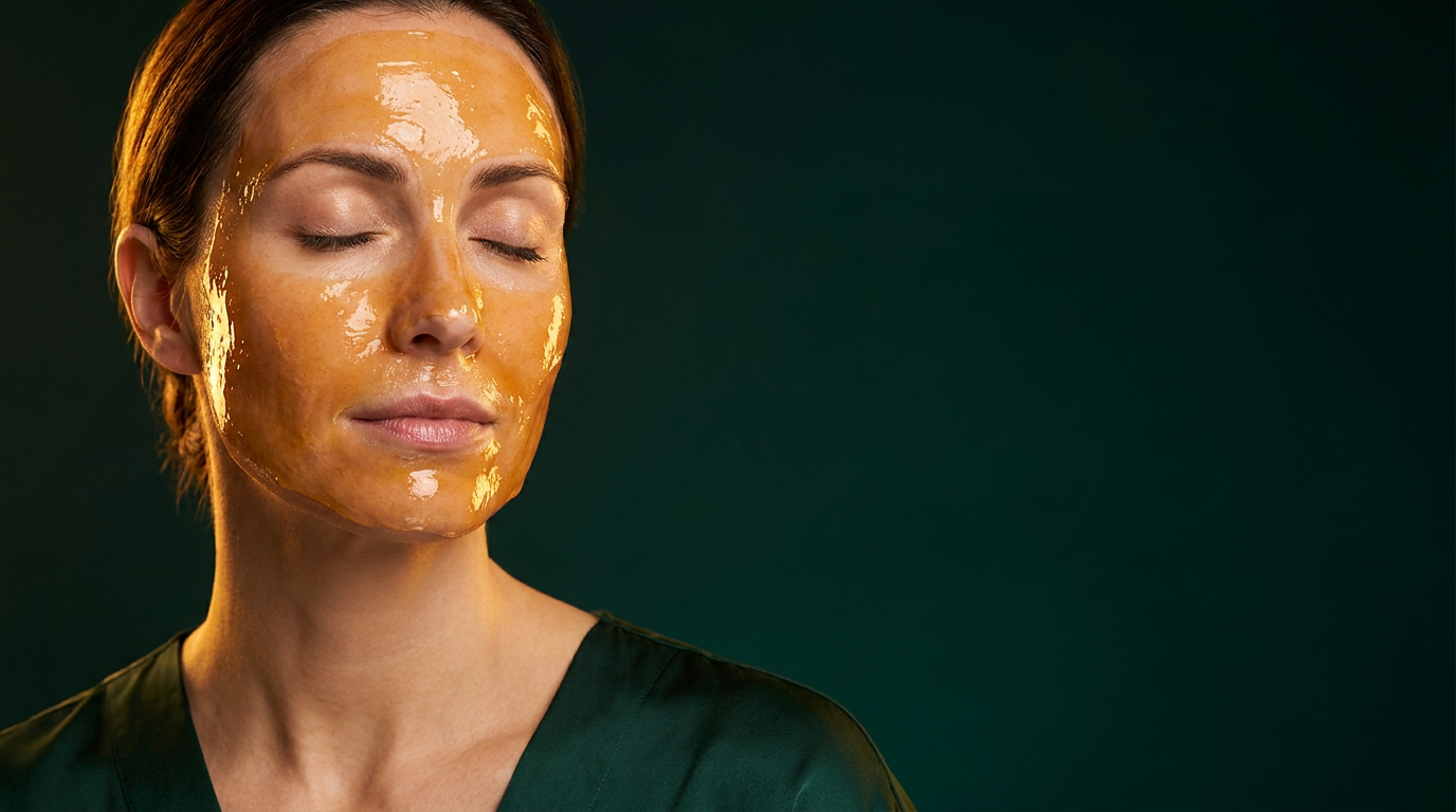 Femme portant un masque au miel ambre sur les joues et le front, peau lumineuse et confortable
