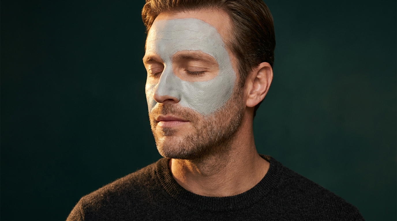 Homme portant un masque a l argile grise, peau saine apres le rasage