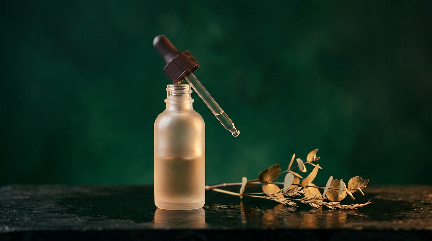 Flacon de serum en verre depoli avec pipette sur une pierre sombre, brindille vegetale