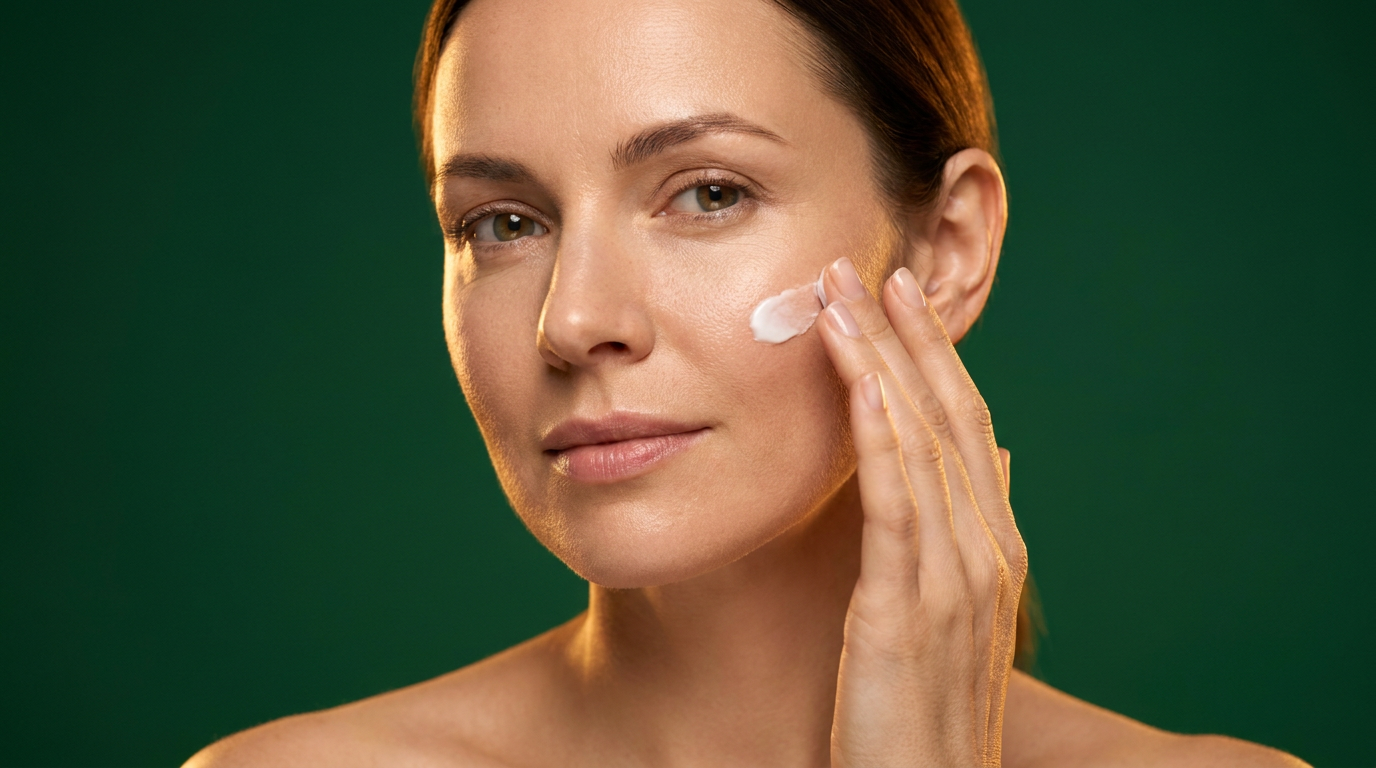 Application d'une creme legere sur la joue du bout des doigts