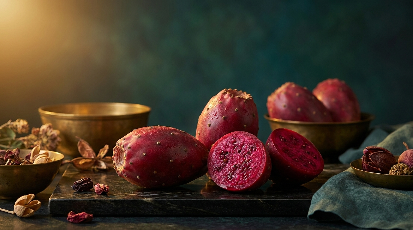 Figues de barbarie rouges mures, une ouverte laissant voir la pulpe pourpre