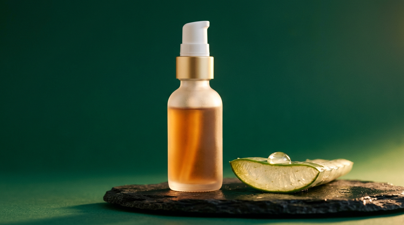 Flacon de sérum et tranche de feuille d'aloe vera sur pierre sombre