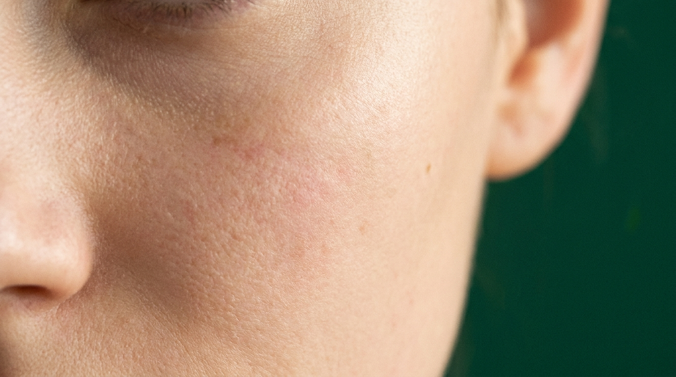 Joue portant quelques marques plates post-inflammatoires, roses et brunes, sans relief