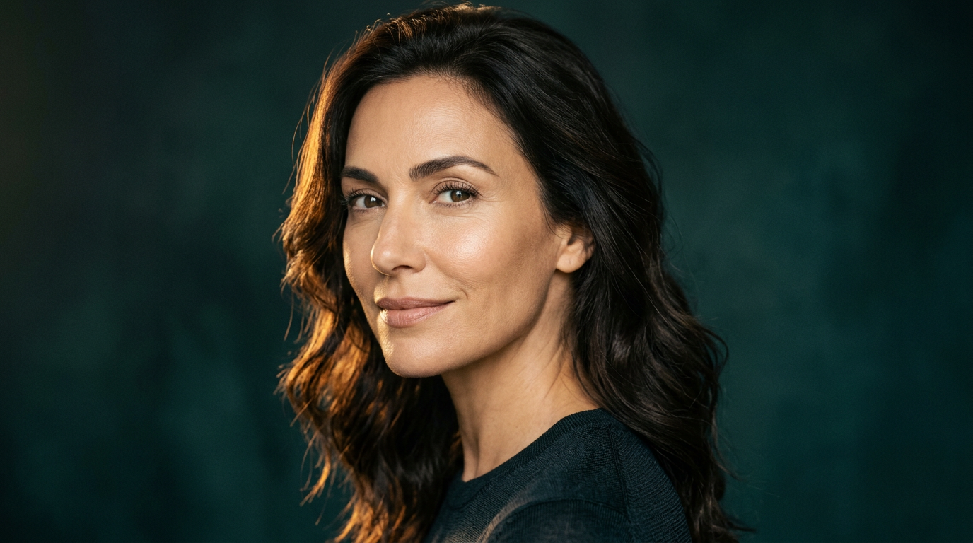 Portrait d'une femme au teint frais et lumineux en journee, peau ferme et souple, illustrant l'effet d'une creme de jour anti-age