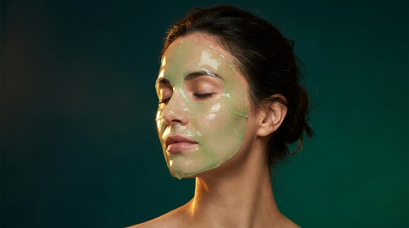 Femme portant un masque translucide au gel d'aloe vera, peau apaisee et fraiche