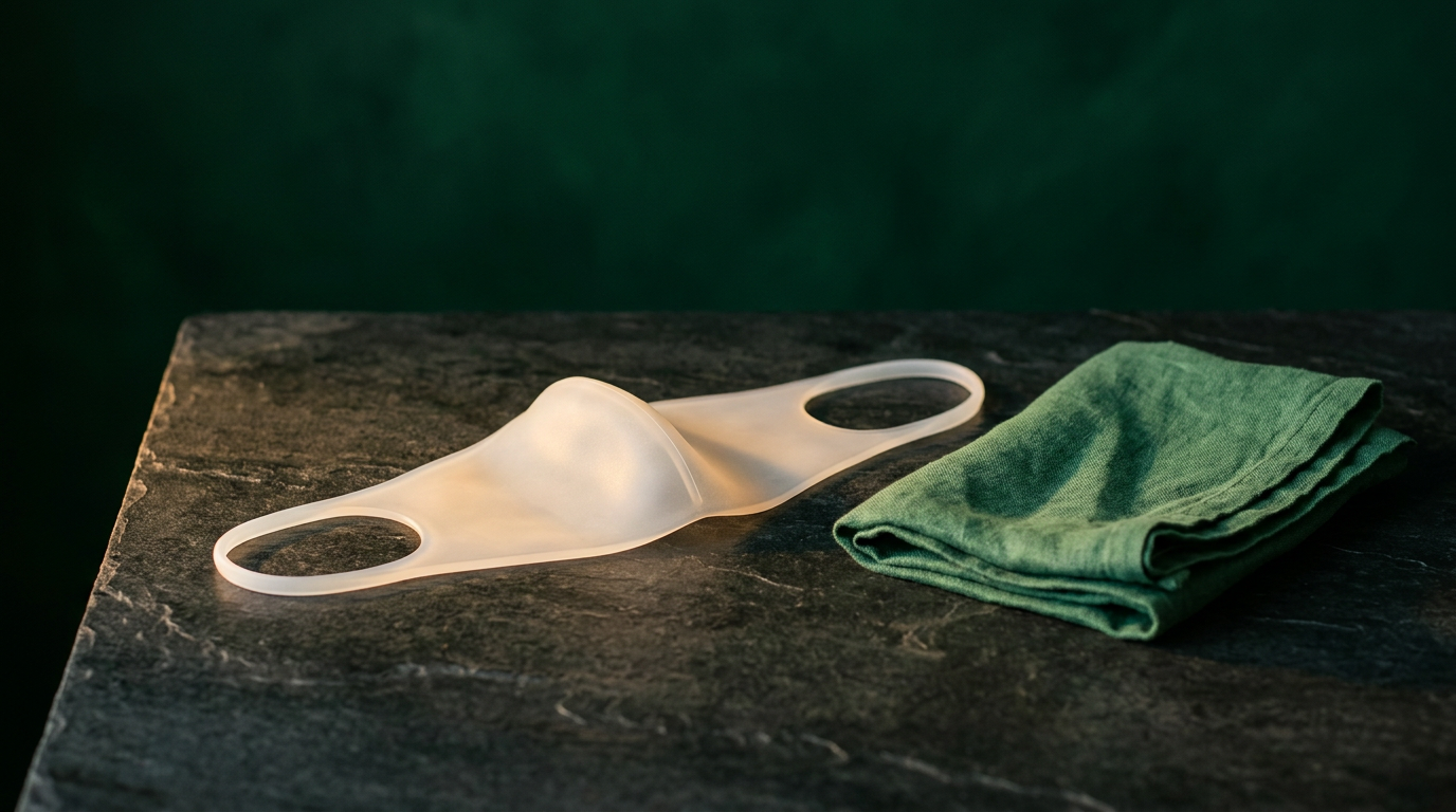 Masque en silicone reutilisable pose a plat sur une pierre sombre
