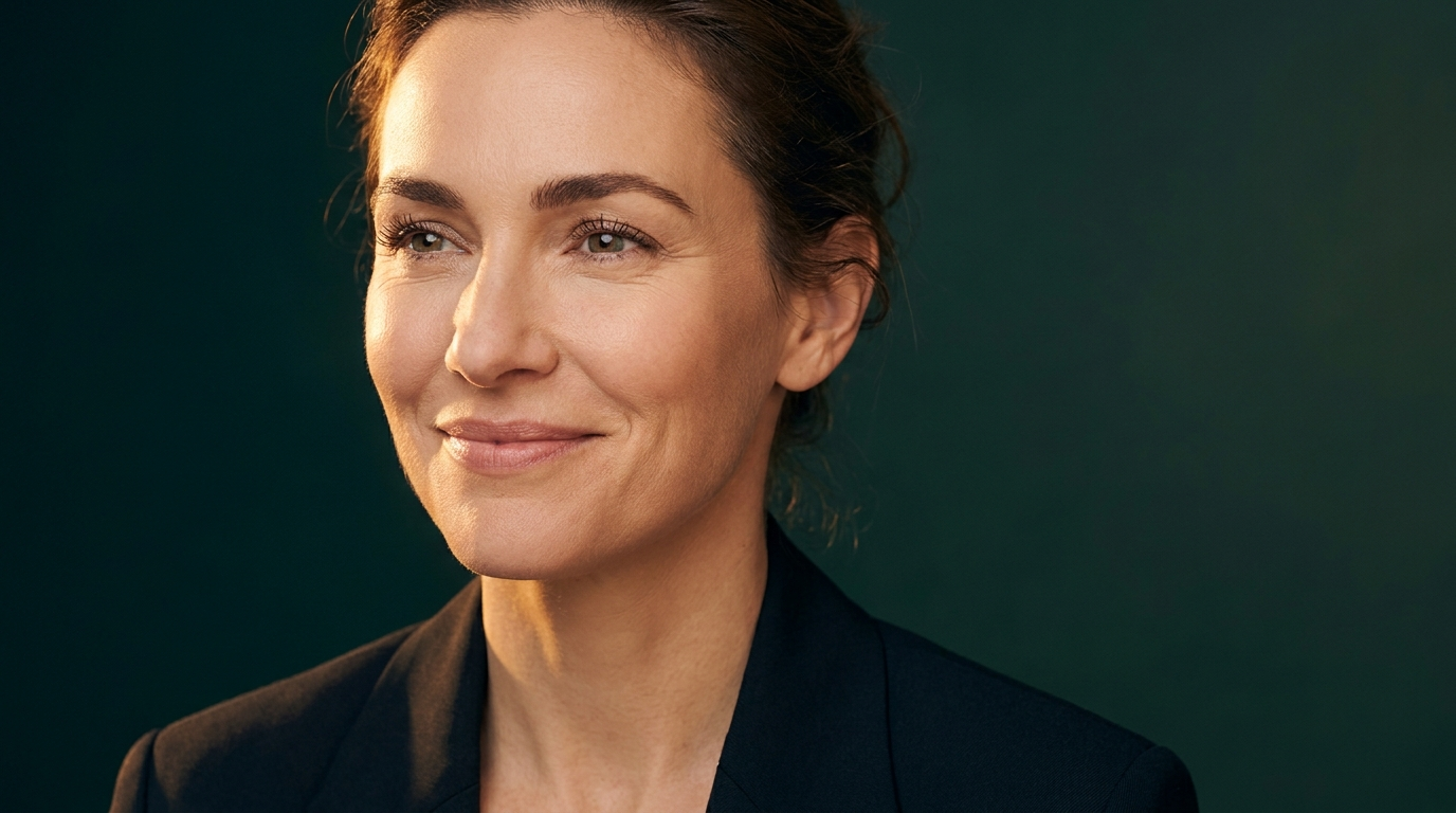 Portrait souriant d'une femme, peau souple au coin externe des yeux