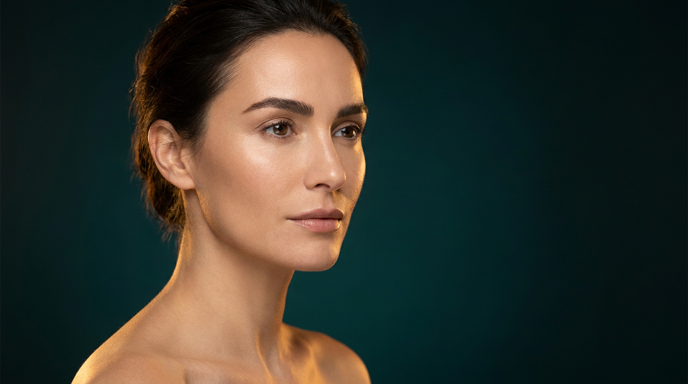 Portrait d'une femme à la peau renouvelée, grain affiné et teint uniforme