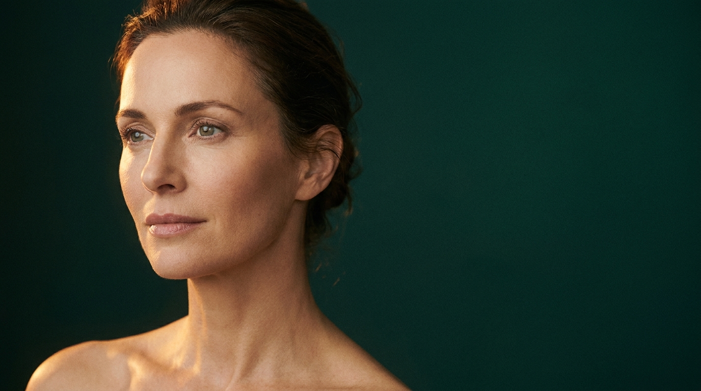 Portrait d'une femme au regard détendu, zone entre les sourcils lisse et apaisée