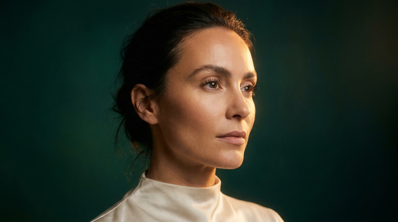 Portrait d'une femme au front lisse et lumineux capté par la lumière rasante
