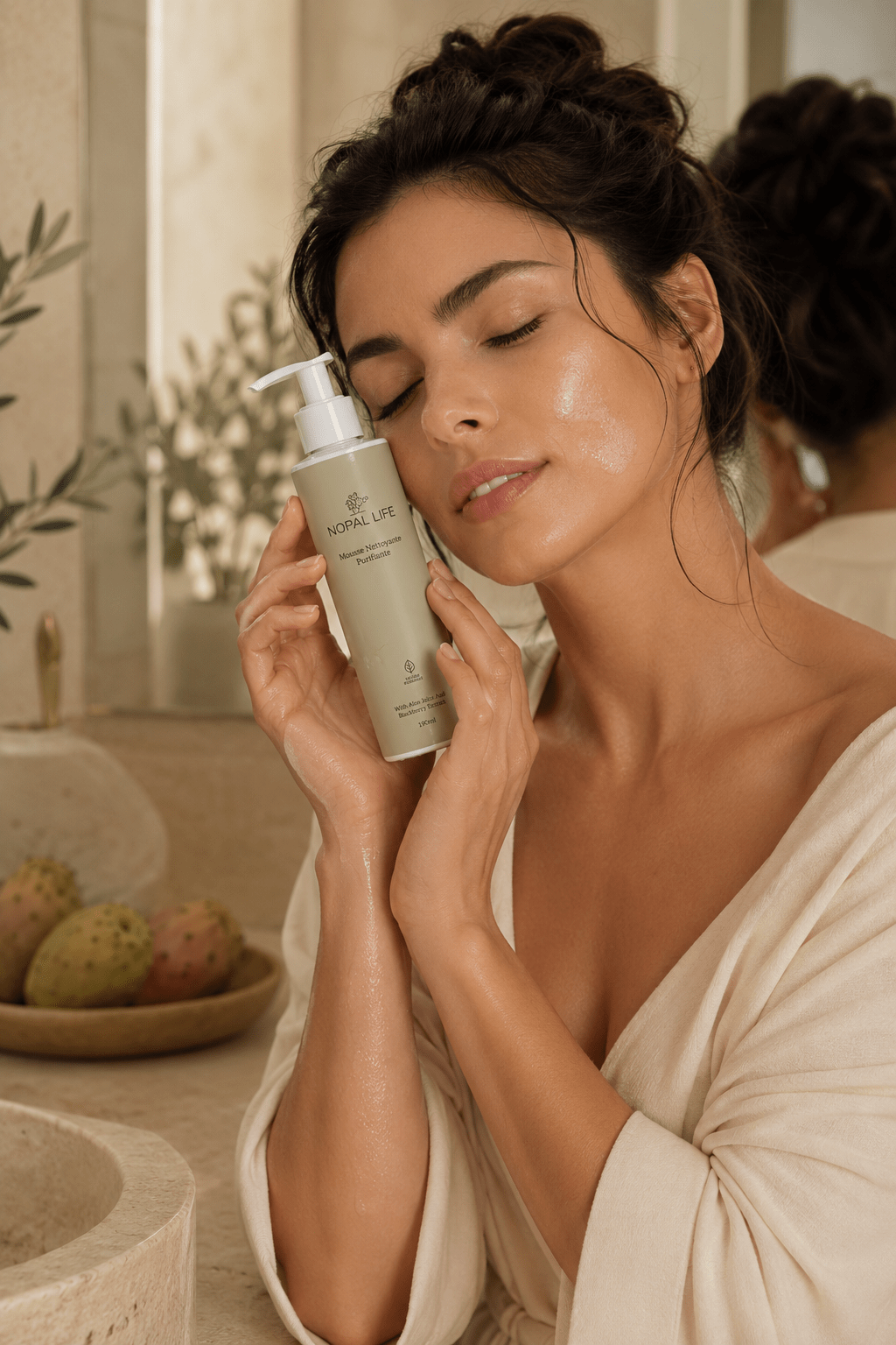 Application mousse nettoyante aloe vera – Routine nettoyage – Nopal Life