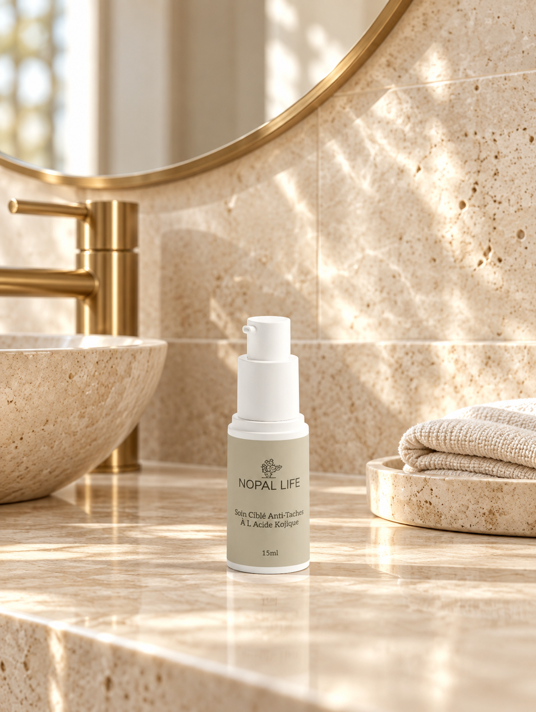 Soin cible anti-taches acide kojique 1% Nopal Life dans la salle de bain, geste du soir teint unifie