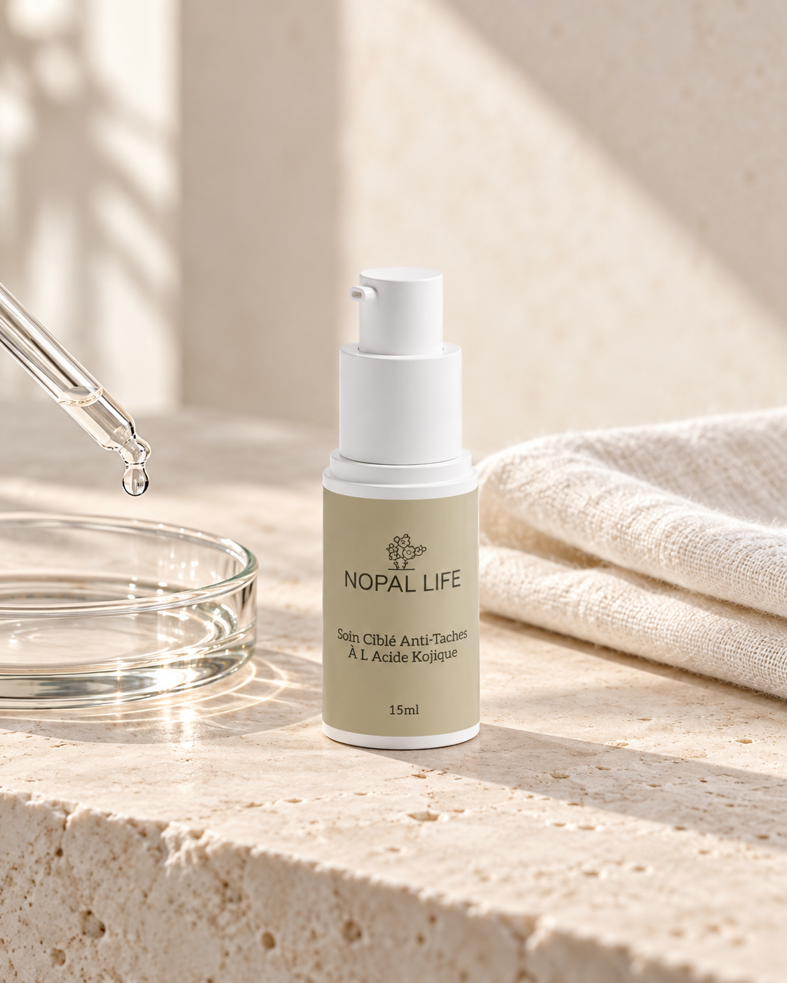 Soin cible anti-taches a l acide kojique 1% Nopal Life 15 ml, flacon pompe et pipette, aspect des taches attenue