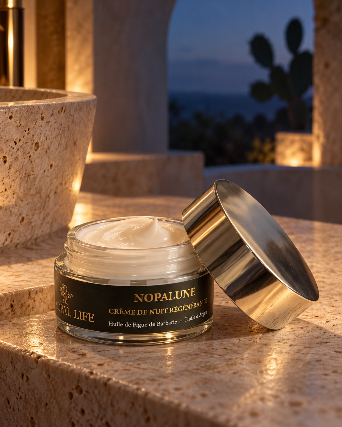 NOPALUNE crème de nuit figue de Barbarie et argan – pot ouvert, rituel du soir – Nopal Life