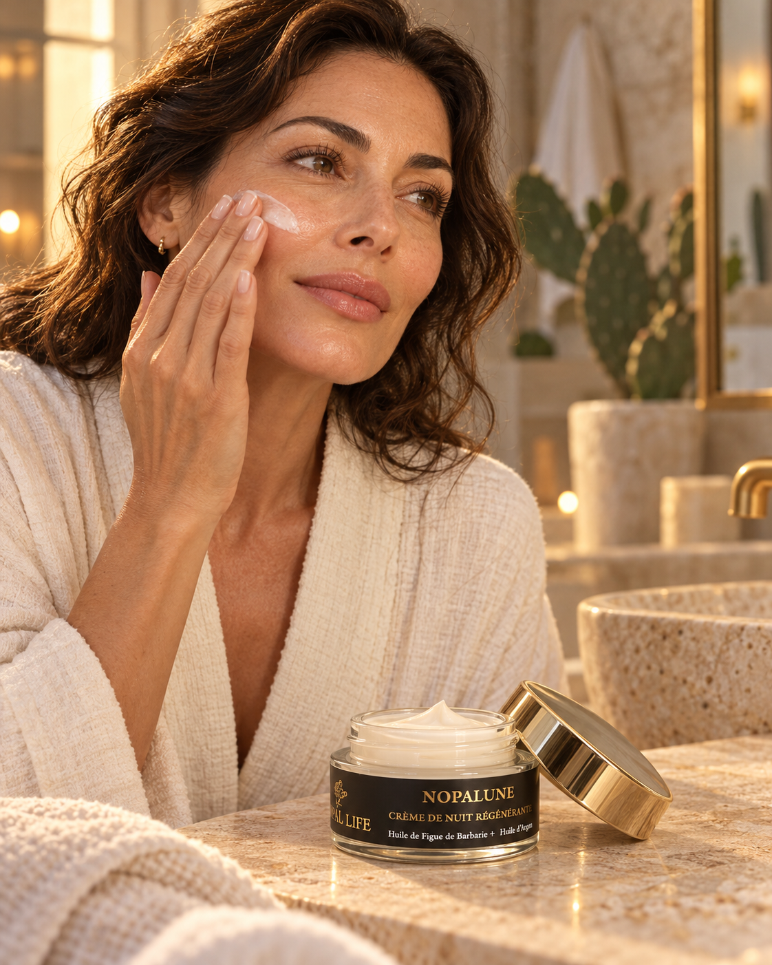 Application de la crème de nuit NOPALUNE le soir sur peau nettoyée – Nopal Life